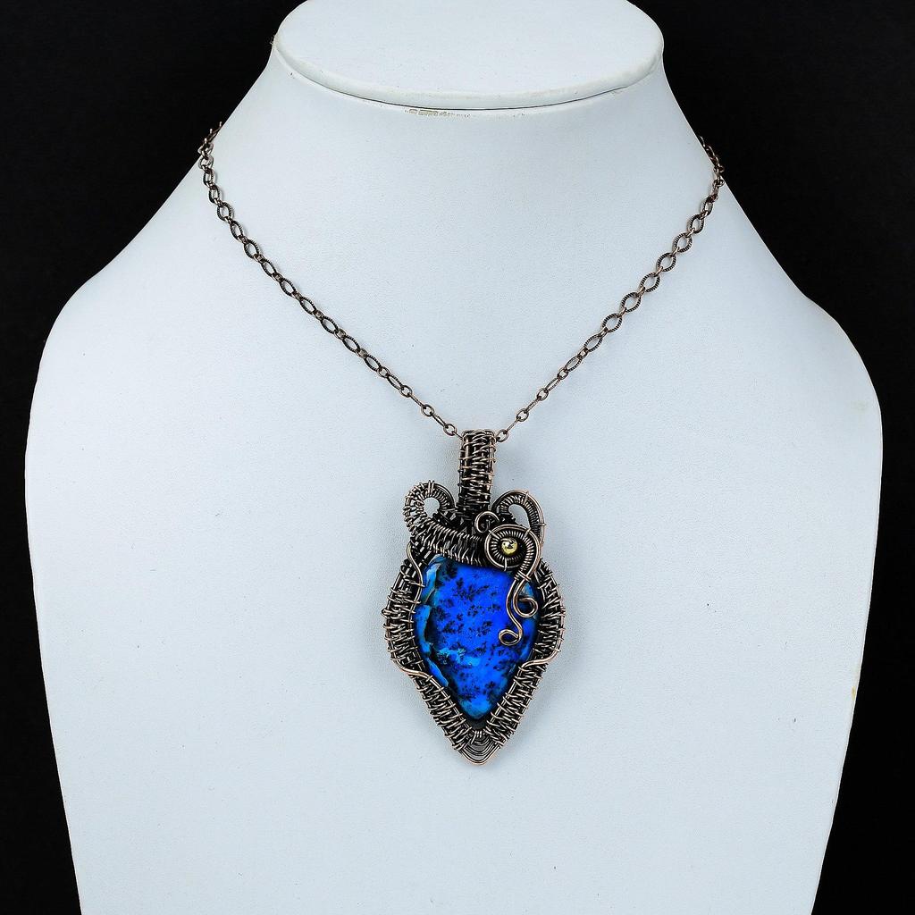 Blue Dendrite Opal Gemstone Pure Copper Wire Wrapped Handmade Pendant Jewelry For Her
