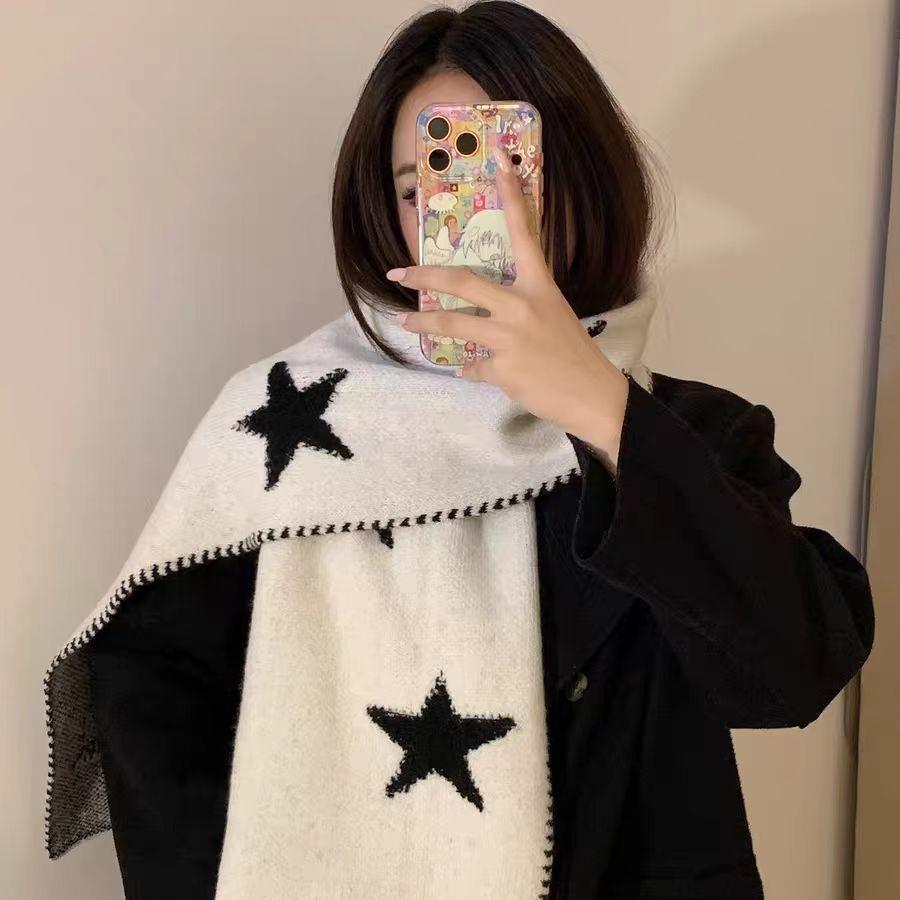 Star niche design knitted scarf women's winter warmth Korean versatile student couple scarf