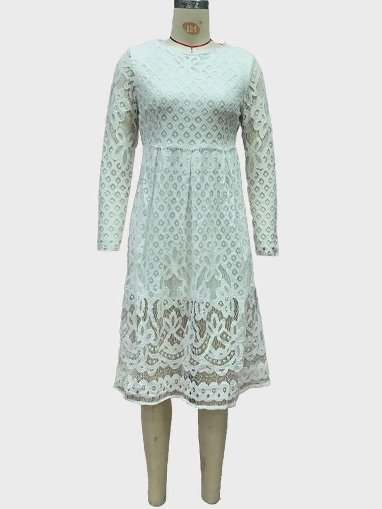 2025 Fall European & American Women's Lace Slim Midi Dress with Hollow Round Neck & Long Sleeves
