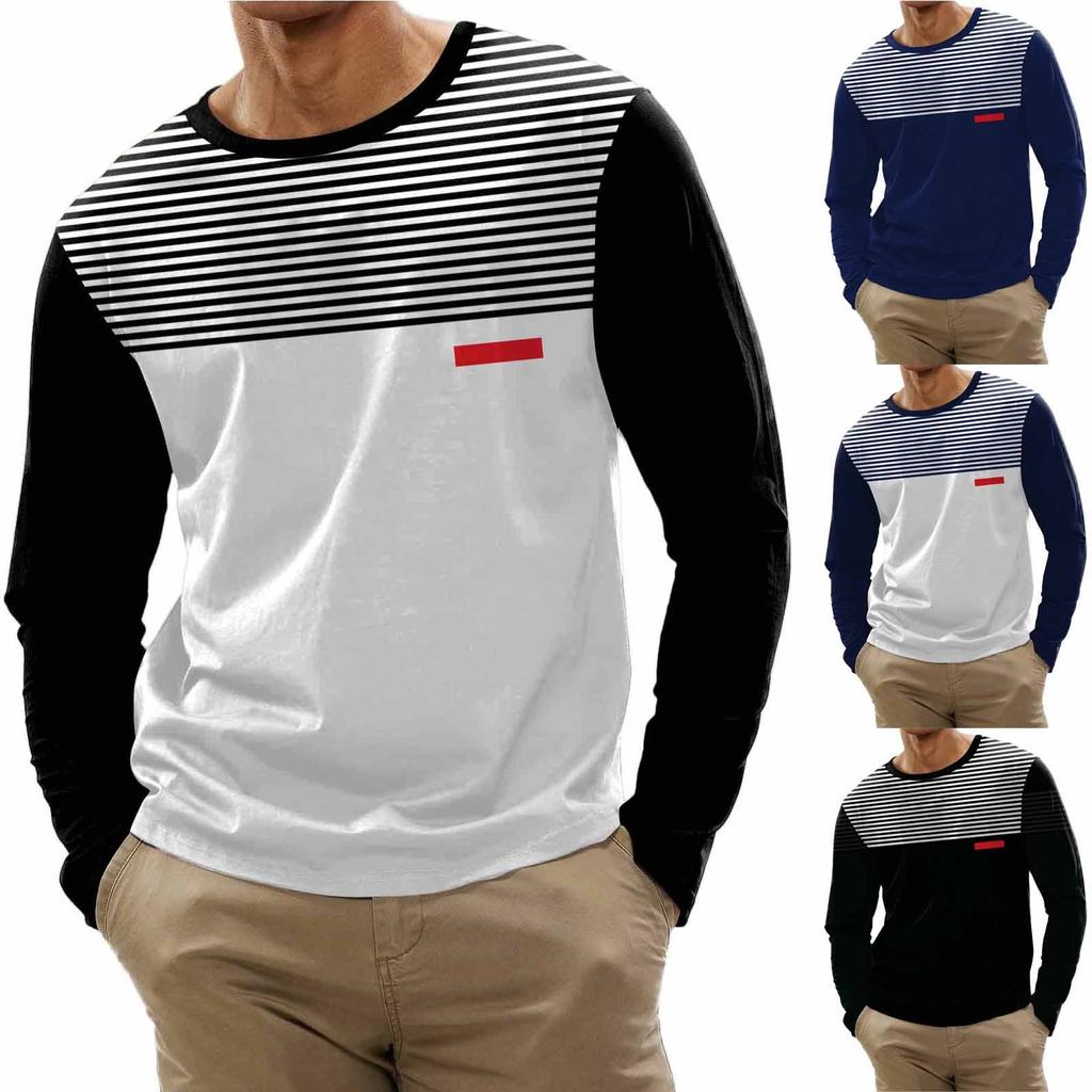 Herremote Casual Stripe trykt Langermet O-hals skjorter Topper Bluse