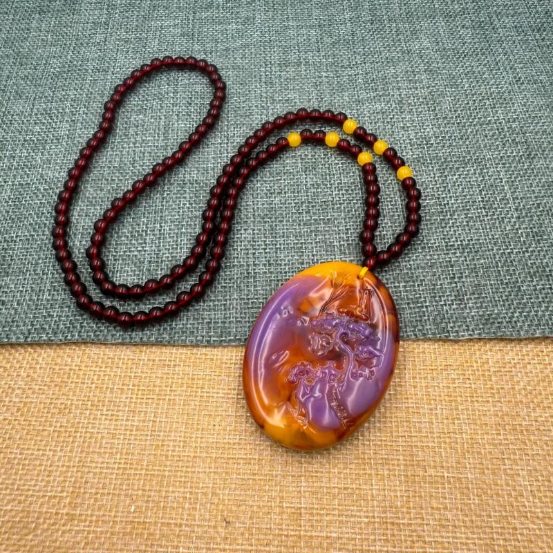 Chinese Stijl Paarse Handgesneden Pixiu Kalebas Hanger Ketting Lange Trui Ketting Winter Dames Sieraden Moederdag Cadeau