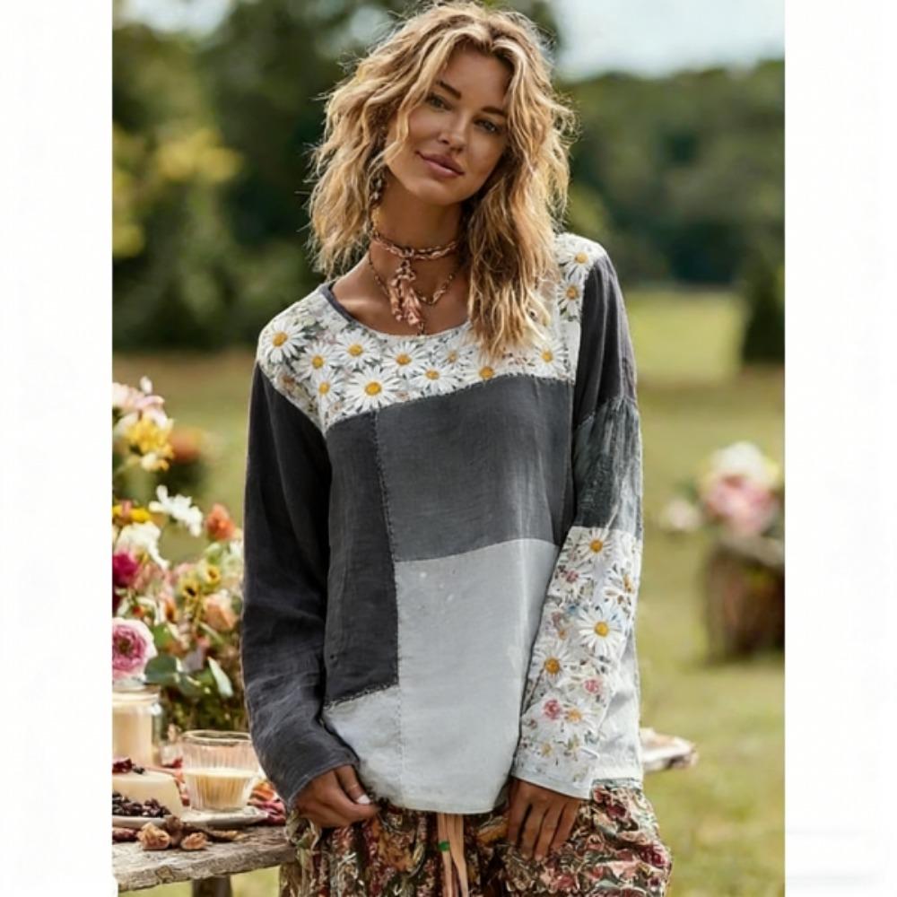 Europe America Women's T-shirt Fashion Floral Print Pullover Bohe Style Women Long Sleeve T-shirt Outdoor Casual Tees Top