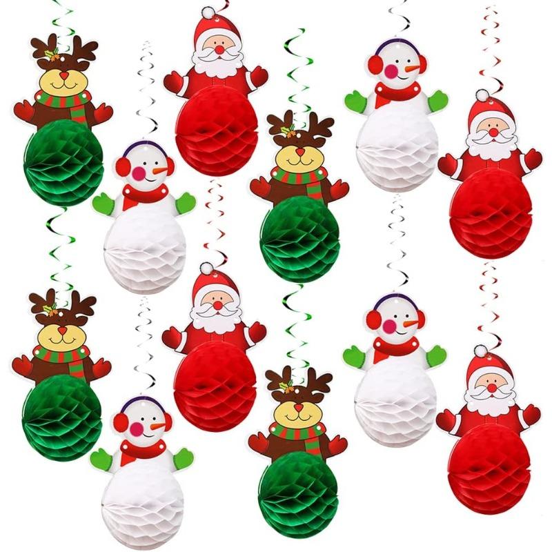 12 Pcs Christmas Decorations Set Christmas Decoration Honeycomb Balls Christmas Hanging Swirls Decorations Balls Santa Reindeer 12 Pcs Christmas