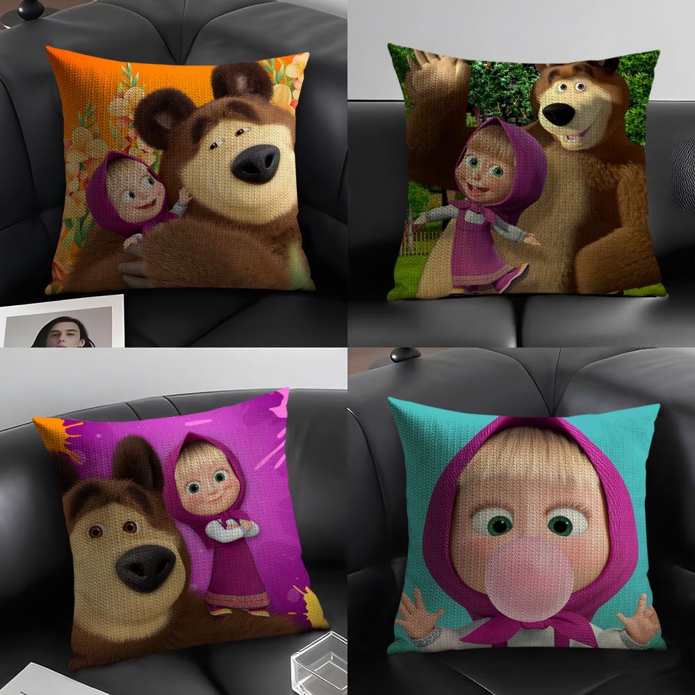 Anime MMasha And The Bear Cushion Cover Natural Linen Organic Fabric DoubleSided Printing Sofa Home Decor Gift Pillow Case