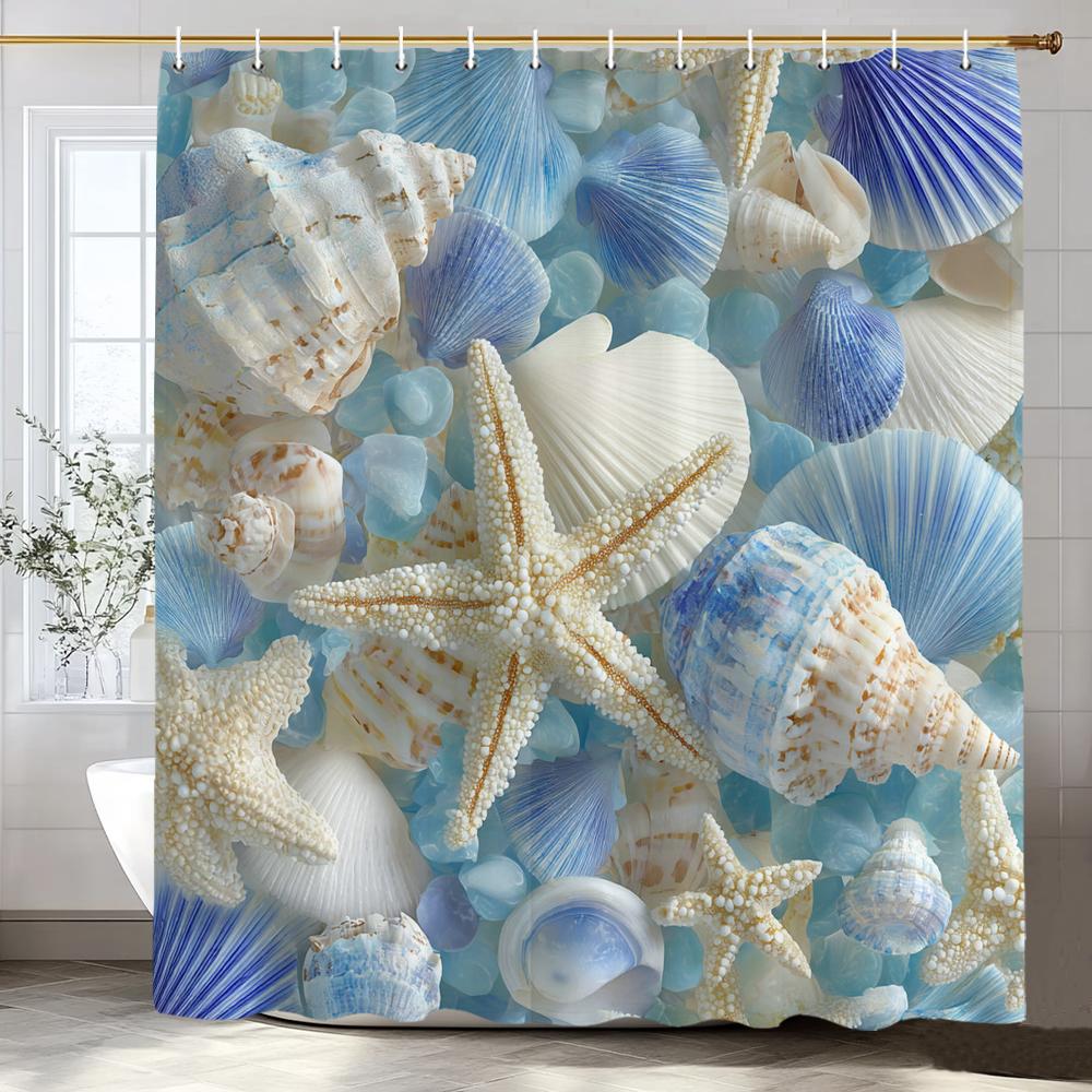 1Pc Beach Shower Curtain Shell Starfish Ocean Scenery Bathroom Decoration Printing Polyester Fabric Contains 12 Hooks
