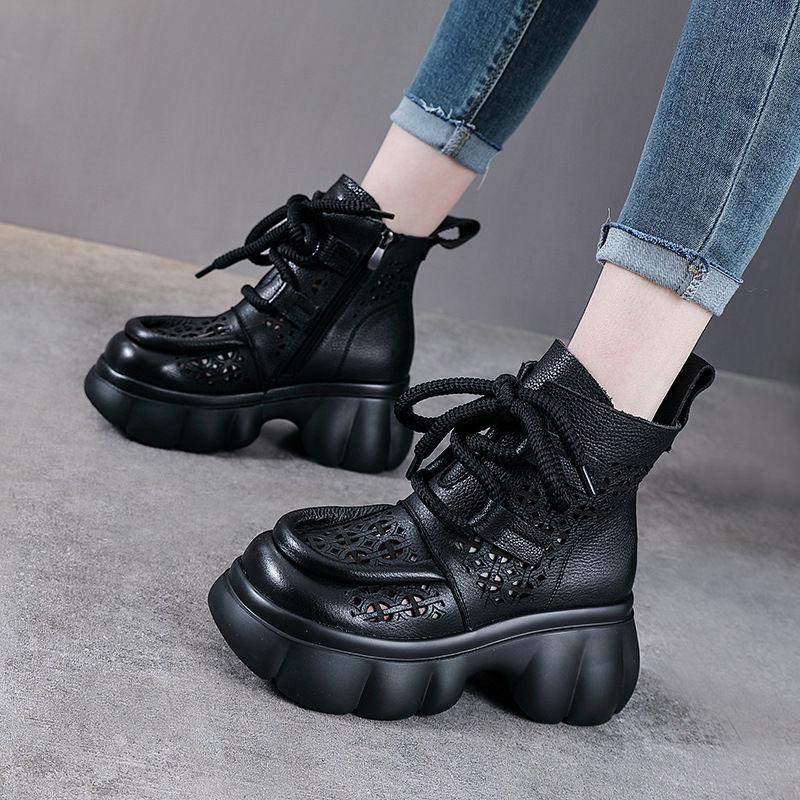 Cool boots women's 2025 spring and summer new retro sandals thick-soled hollow high-top women's shoes side zipper lace-up hole shoes