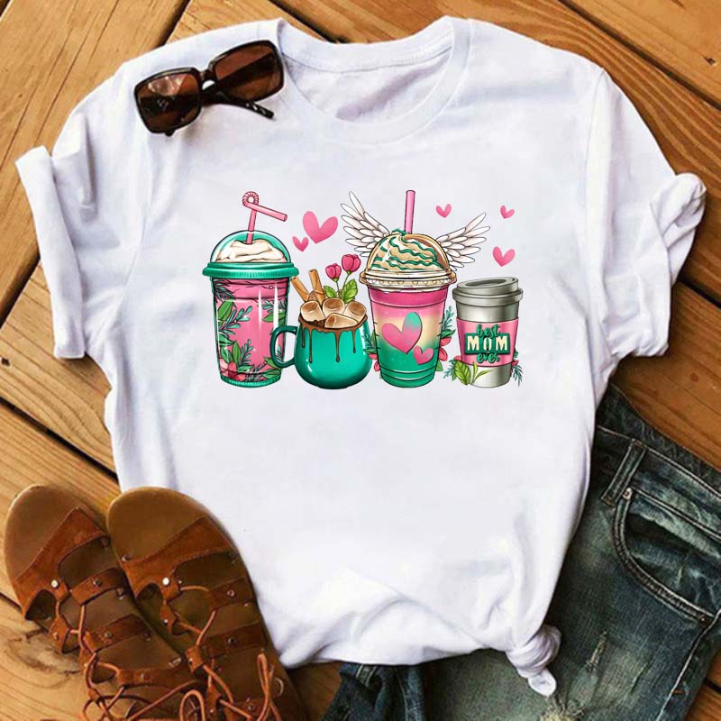 Maycaur Fashion Watermelon Coffee Printed Women T-shirts 90s Trend Cute Short Sleeve Women Female Graphic Tee Streetwear Clothes