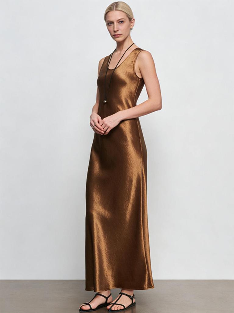 Elegant Satin Slim-Fit U-Neck Sleeveless Dress for Seaside Vacations