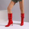 FOREADA damskie lakierowane botki do połowy łydki z okrągłym noskiem, cienkie, wysokie obcasy, plisowane, zwięzłe, damskie, modne buty zimowe, czarno-czerwone 43
