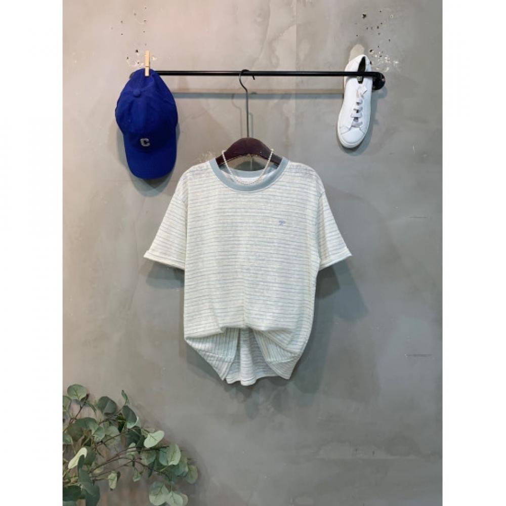 C S In The Room lInen STripe Embroidery ShorT Sleeve T ShirT 4 ColorS