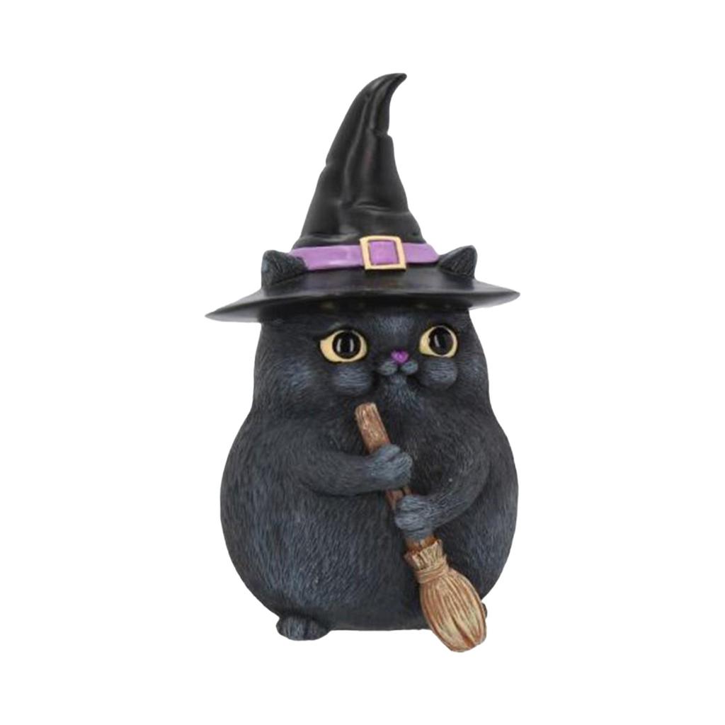 Creative Resin Sculpture Flying Broom Cat Small Cute Black Cat Statue Halloween Accessories Ornaments Party Decor