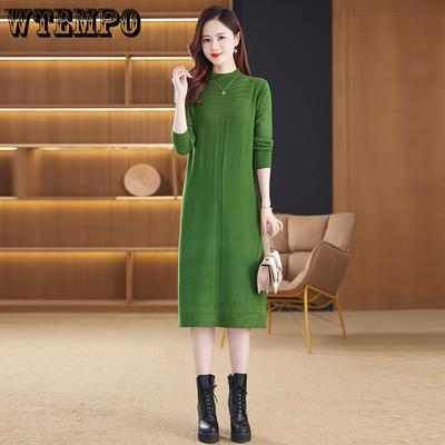 Long Length Sweater Dress Women's Autumn and Winter Plus Size Loose Knitted Dress Semi High Neck Knitted Sweater