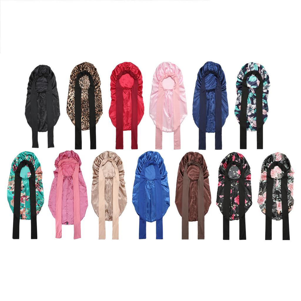 Long Sleeping Silky Satin Adjustable Hair Bonnet with Ties Solid Color Stretchy Sleep Cap for Women Long Hair and Braids