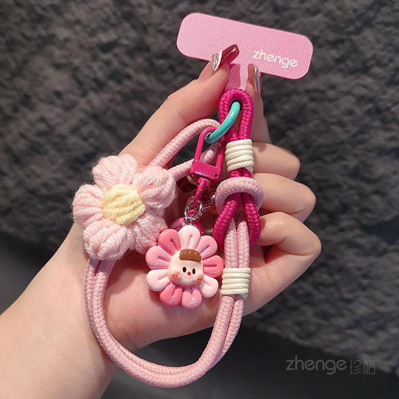 Laccetto per Cellulare, Fiore di Filato, Cordino Intrecciato da Polso, Ins, Cartone Animato Carino, Ciondolo Carino per Bambino, Cordino per Pollice, Stile Donna