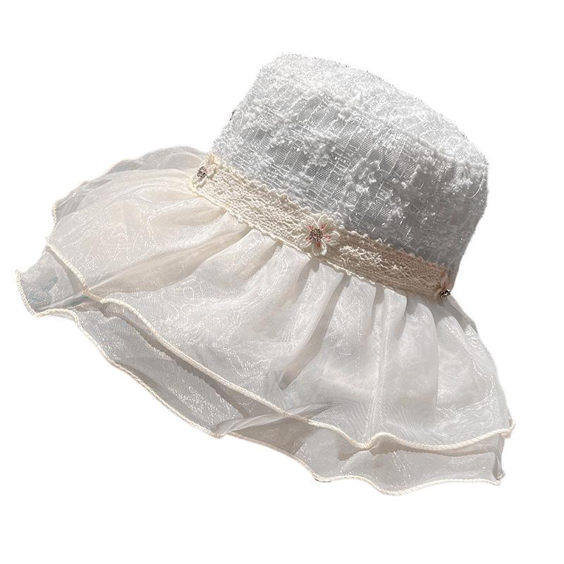 French bright silk flower webbing mesh gauze hat women's spring and summer seaside vacation sunshade sunscreen sun hat empty breathable hat