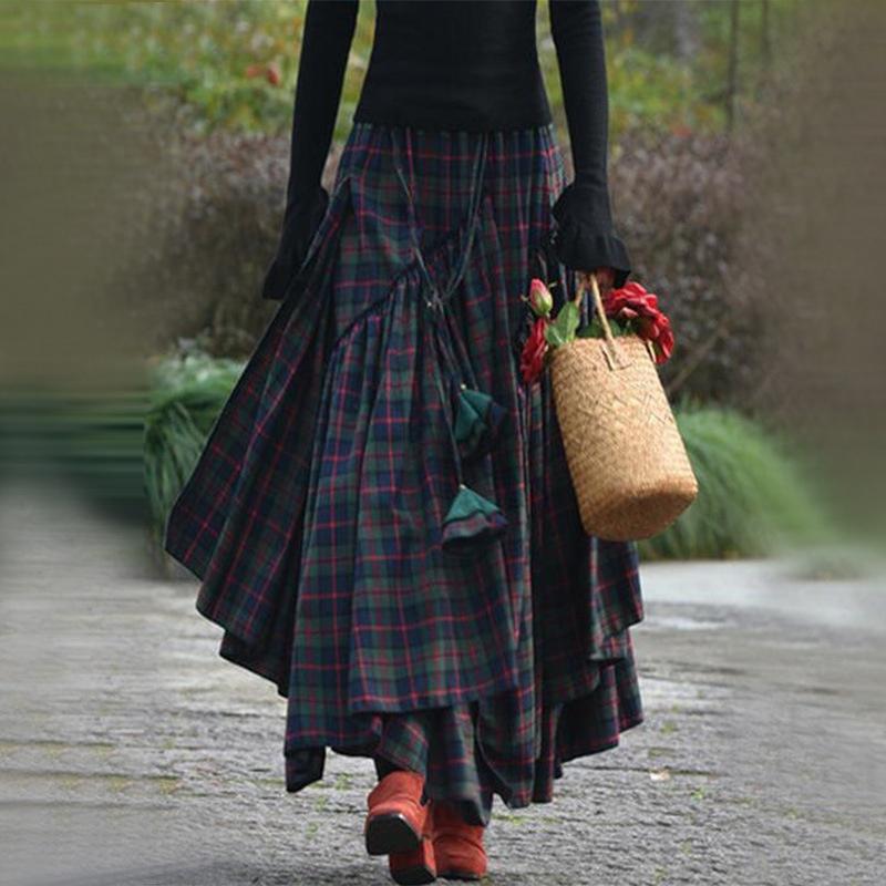 Retro Folk Style Women Fashion Plaid Maxi Skirt Splice Irregular Swing Pleated High Waist Long Skirt