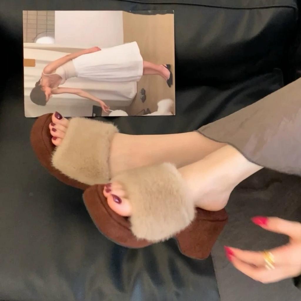 Spot thick bottom height increase small man fluffy slippers female autumn and winter gentle fairy wind cool slippers one word slippers female