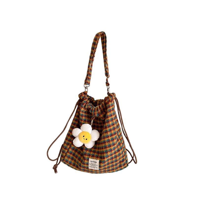 11 College woolen plaid drawstring backpack messenger bag large capacity shopping shoulder bag women