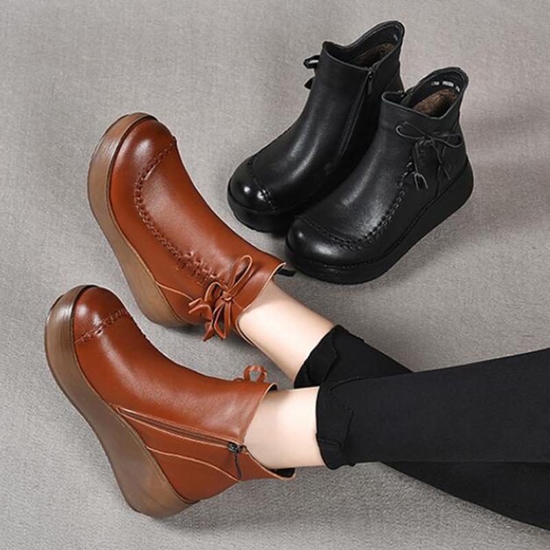 Fashion GKTINOO Ankle Women Boots Genuine Leather Round Toe Women Shoes Zip 2025 New Wedges Handmade Leisure Platform Boots Size 33-40