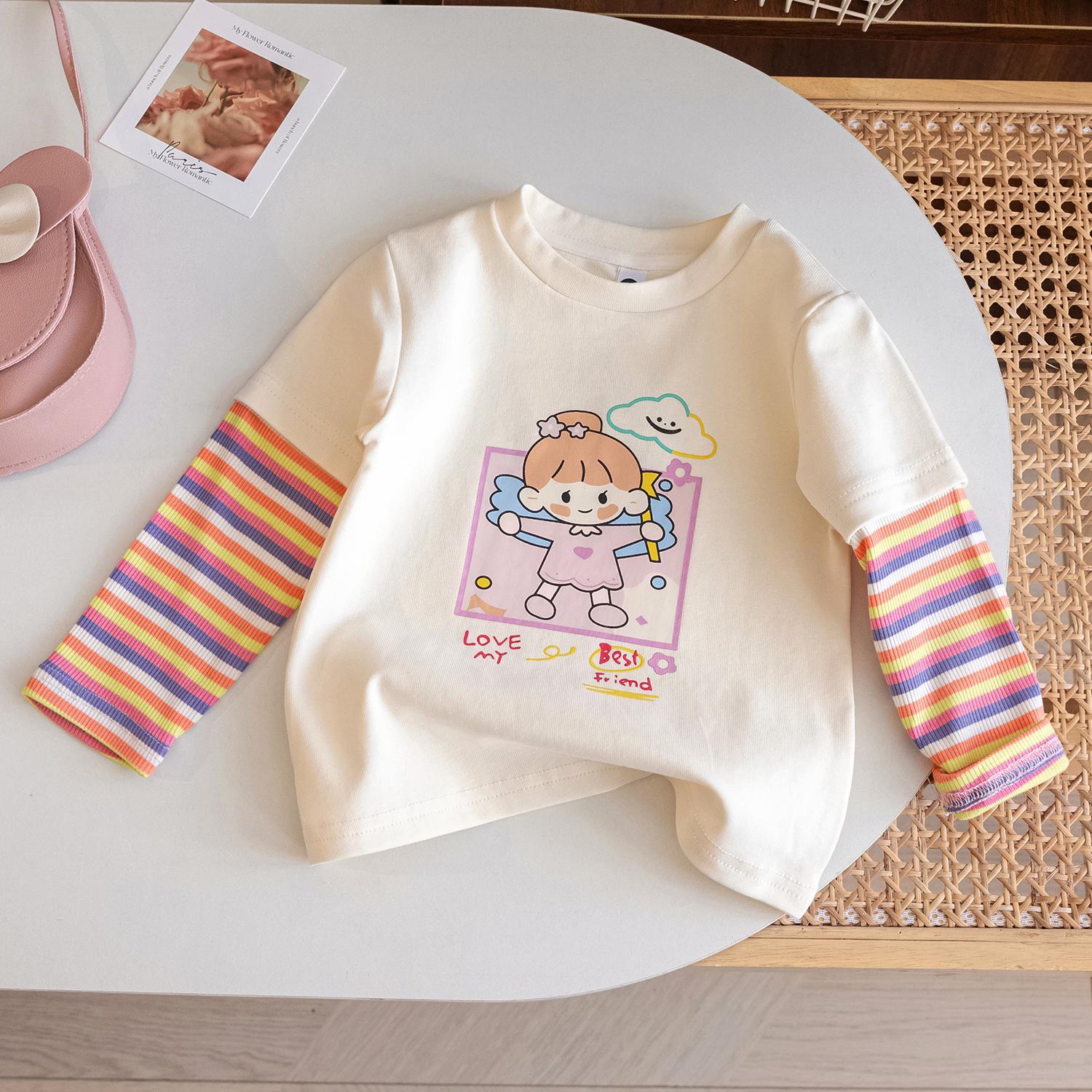 

Футболка из хлопка в полоску с длинными рукавами и рисунком для девочек для маленьких и средних детей - весна/осень 100cm