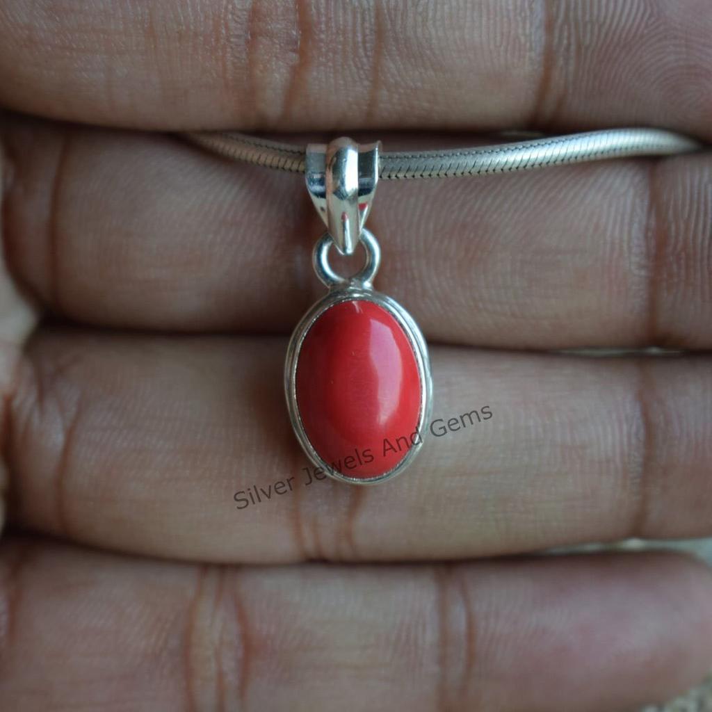 Coral Pendant, Handmade Pendant, 925 Sterling Silver Pendant, Oval Red Coral Pendant, Gift for her, Anniversary Pendant