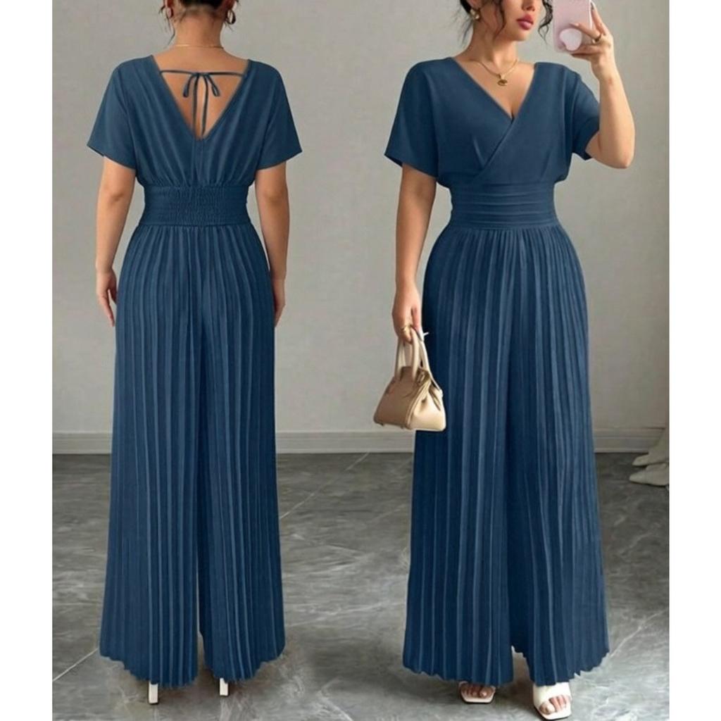 Women's V Neck Short Sleeve High Waist Pleated Jumpsuit Casual Wide Leg Pantsuit