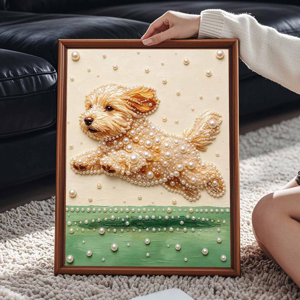 Pearl Art Canvas Kit with Frame Jumping Puppy Dog Pattern Relaxing Handmade Craft for Cozy Bedroom Home Decor Gift