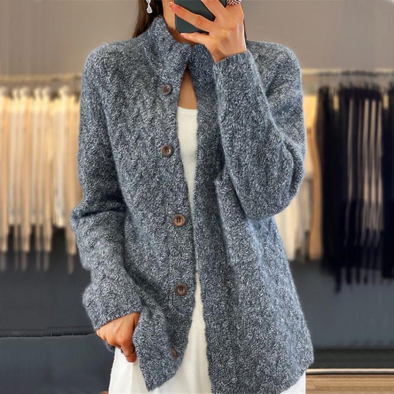 Tooxika Women's Clothing 2024 Autumn And Winter New Women's Retro Twisted Stand Collar Knitted Cardigan Solid Color Long Sleeve Sweater Jacket