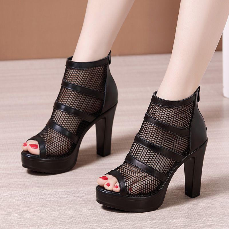Fashion High-heeled thick-heeled sandals for women 2025 summer new versatile mesh fish-mouth shoes waterproof platform hollow Roman
