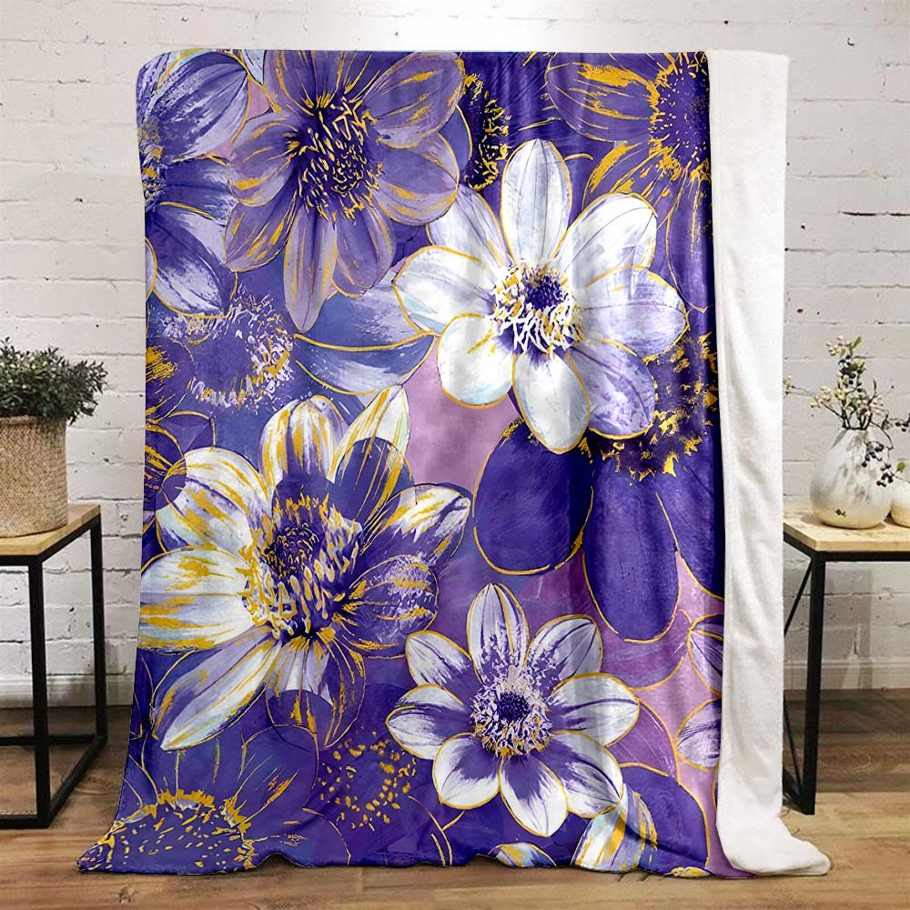 Purple and Yellow Floral Pattern Design Patterned Flannel Blanket Perfect for the Bedroom Living Room, Sofa, or a Little Nap