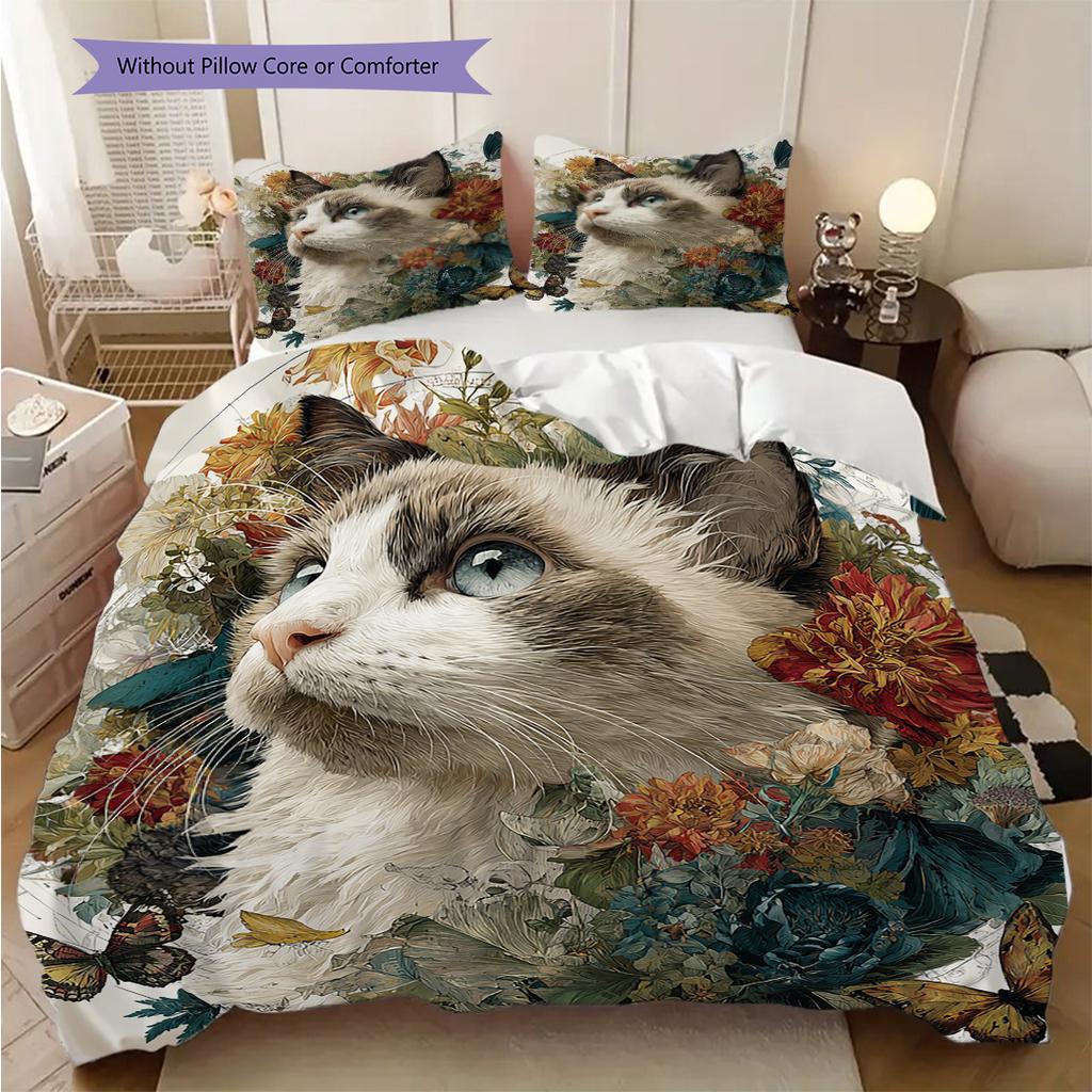 Maine Coon Pattern Bedding Quilt Set Quilt Cover Pillowcase Home Decoration Birthday Gift (1 * Duvet Cover + 2 * Pillowcase, Without Core)