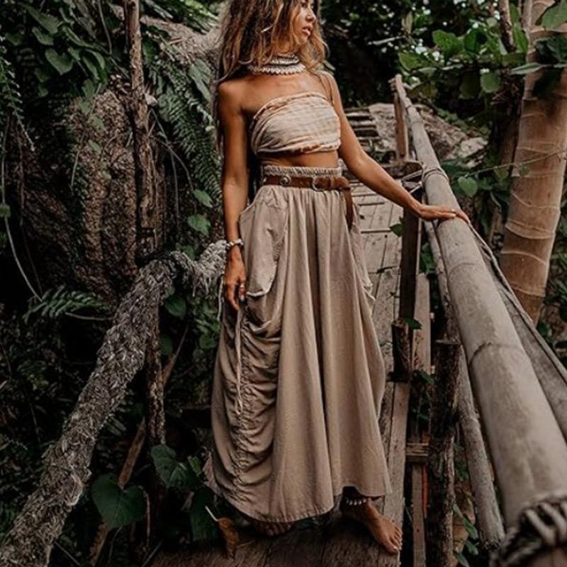 Women's Casual Half Skirt 2024 Drawstring Large Pockets Boho Loose Organic Cotton Long Skirt