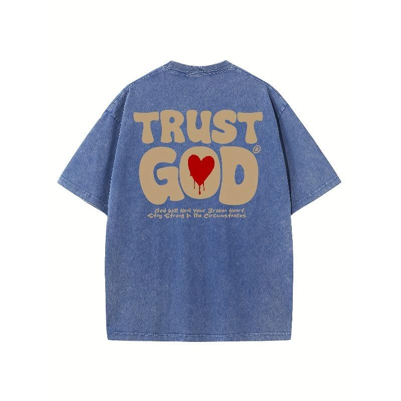 

European sizes Trust God Vintage Washed High Quality Cotton Patterned T-Shirt Men s T-Shirt Old Summer Clothing Drop Shoulder Sleeve Round Neck Tops 5XL синій