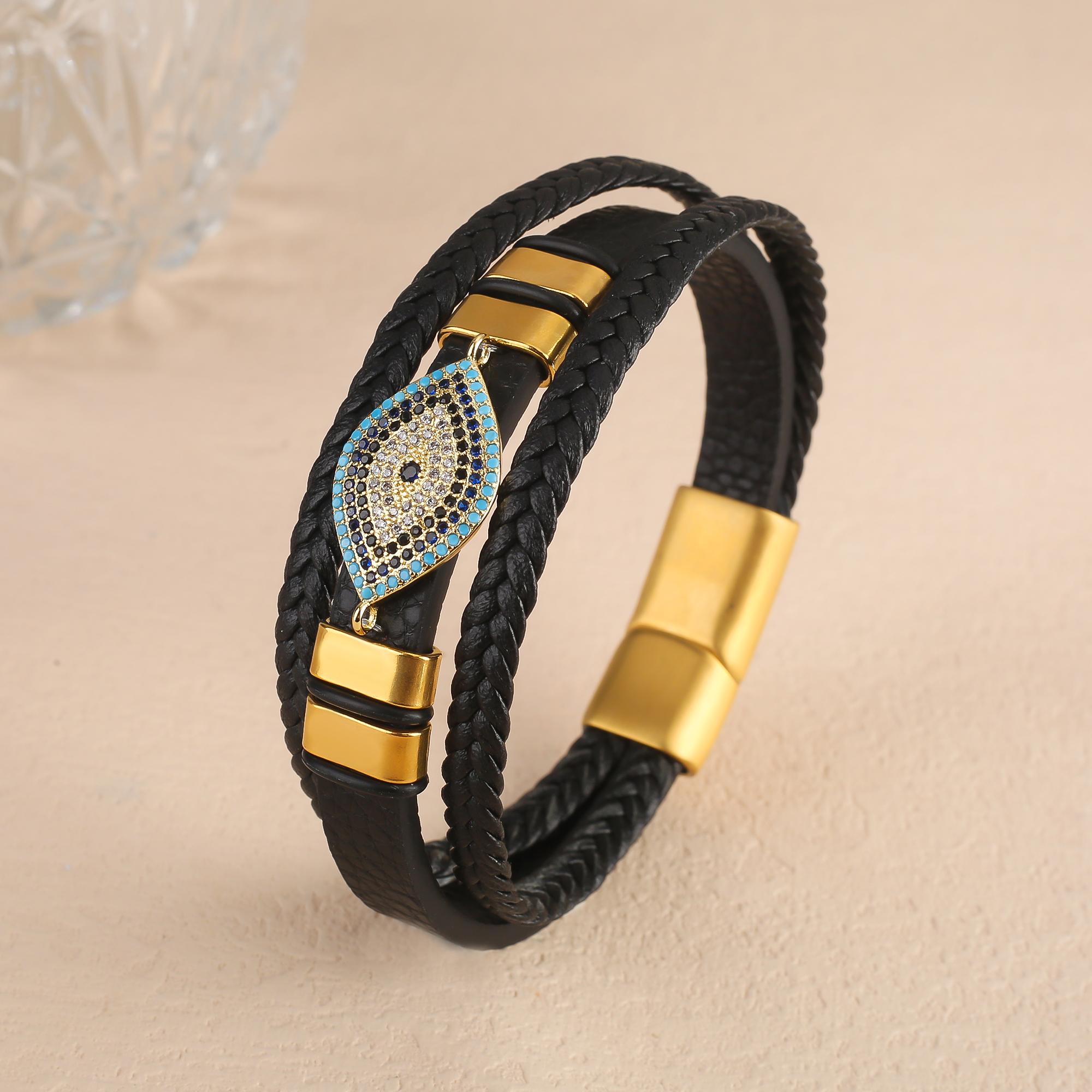

Luxury Shiny Zirconia Evil Eye Leather Braided Bracelet Classic for Man Woman Party Stainless Steel Zircon Ward Off Evil Gift. 19cm золотой