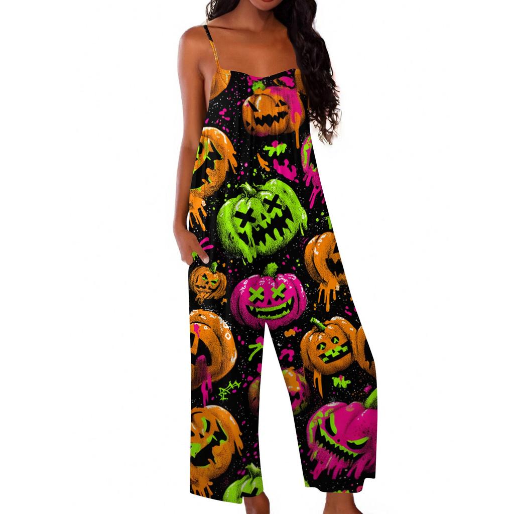 Women Halloween Printed Loose Jumpsuit Casual Sleeveless Wide Leg Romper Comfortable Fit for Seasonal Wear