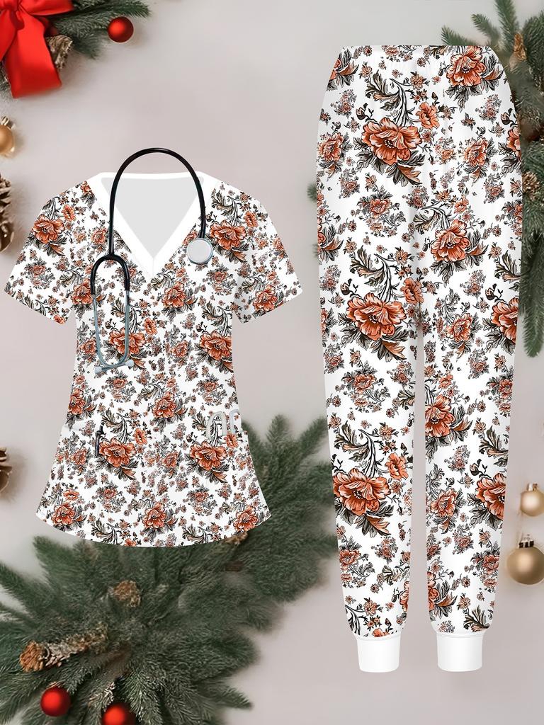 Ensemble d'uniforme d'infirmière pour femme imprimé de fleurs 3D, manches courtes, pantalon long avec poche, décontracté, à la mode, cadeau de Noël