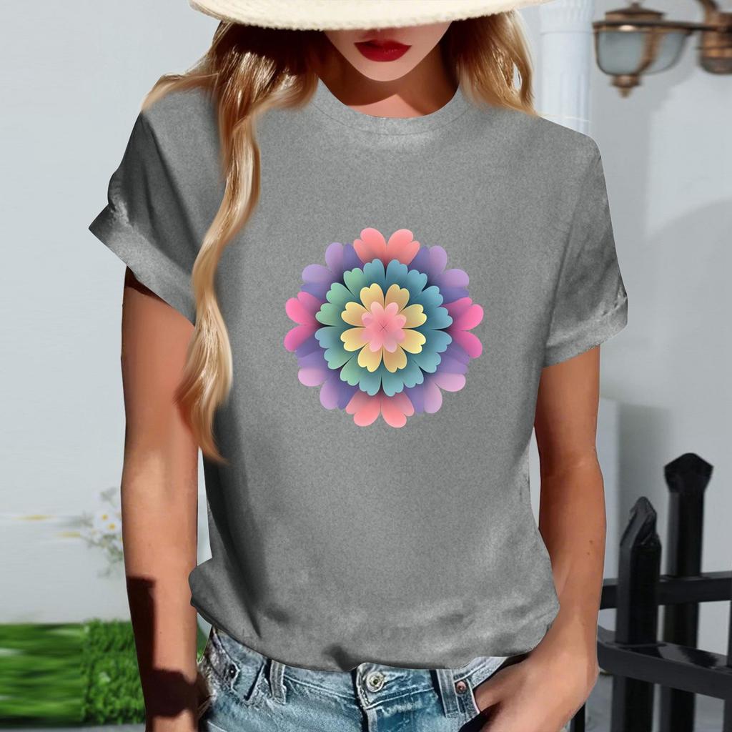 Women's Fashionable Round Neck Casual Retro Print Short Sleeved T-shirt Top