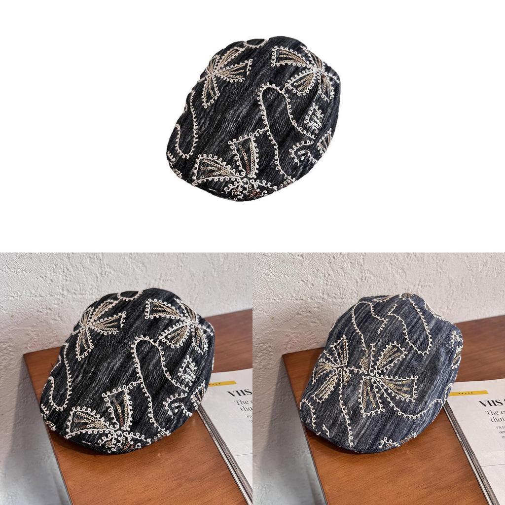 Bestickte Blumen-Denim-Baskenmütze Mit Sonnenschutz Für Frühling Sommer Modeaccessoires