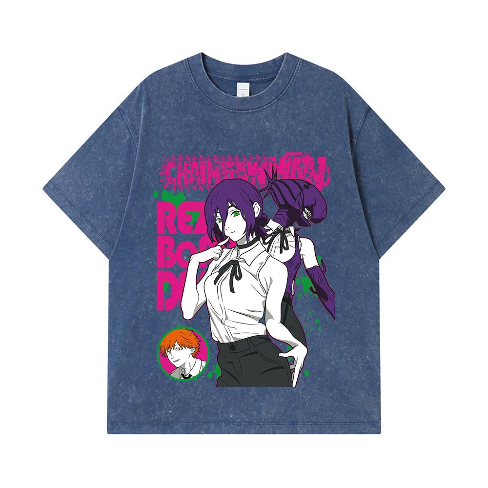 

275 GSM Washed T-shirts 100% Cotton Chainsaw Man V44 Reze Print Unisex Heavy Cotton T Shirt 2XL королівський синій колір