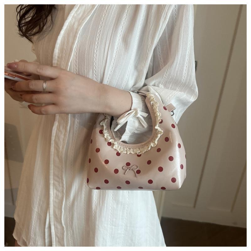 Polka Dot PU Leather Bag with Detachable Strap Lace Ruffled Handle Cute Bow Casual Purse for Daily Use