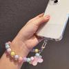 New Macaron Color Cell Phone Charm Lanyard Flower Beaded Anti-lost Mobile Phone Case Pendant Wrist Strap Hand-held Car Keychain