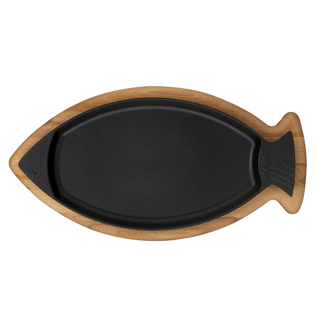Lava Cast Iron Fish Form Fish Plate. 1-Handle, With Wooden Platter 20X32cm.