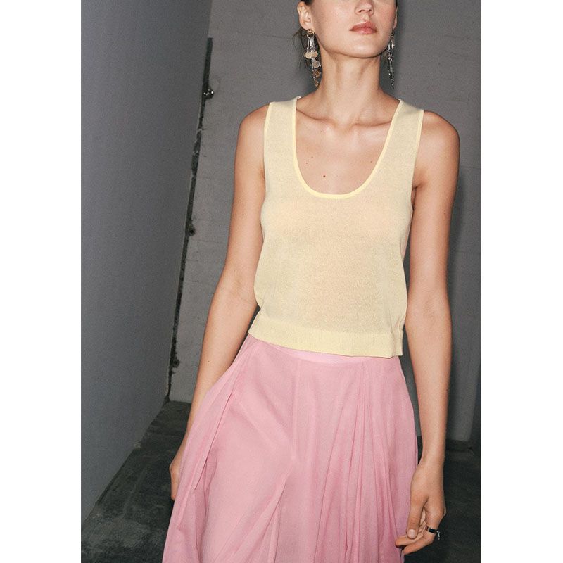 Summer New Product Women's Clothes American Minimalist Style Casual Plain Stitch round Neck Sleeveless Plaid Thin Top 3519039