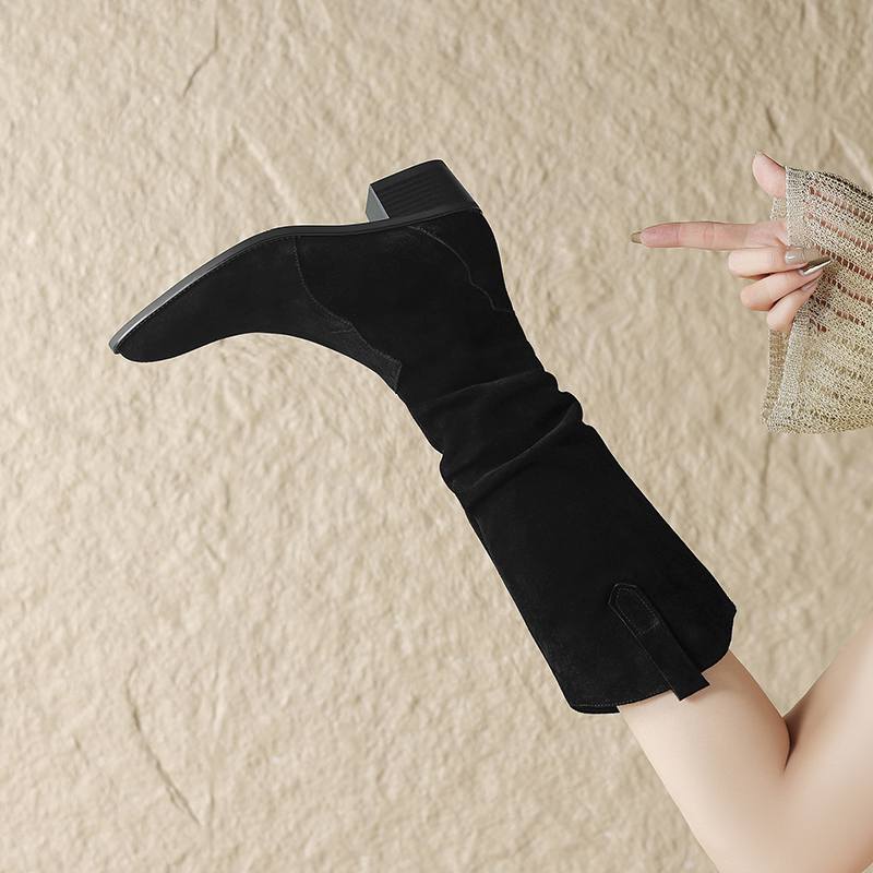 Krazing Pot Cow Suede Winter Round Toe Thick Med Heels Modern Boots Women Zipper Pleated Decoration Thigh High Boots