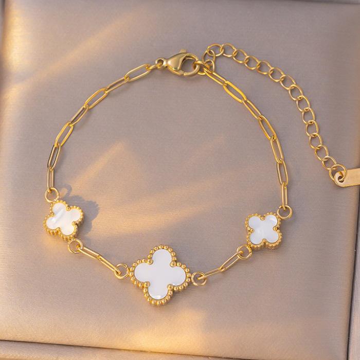 18K Light Luxury Titanium Steel Clover & Triple-Flower Bracelet with Mother-of-Pearl for Women