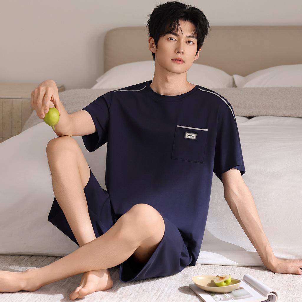 Pajamas Men's Summer Cotton Short Sleeve Shorts Thin Solid Color Teen Large Size Sports Can Wear Dad's Loungewear