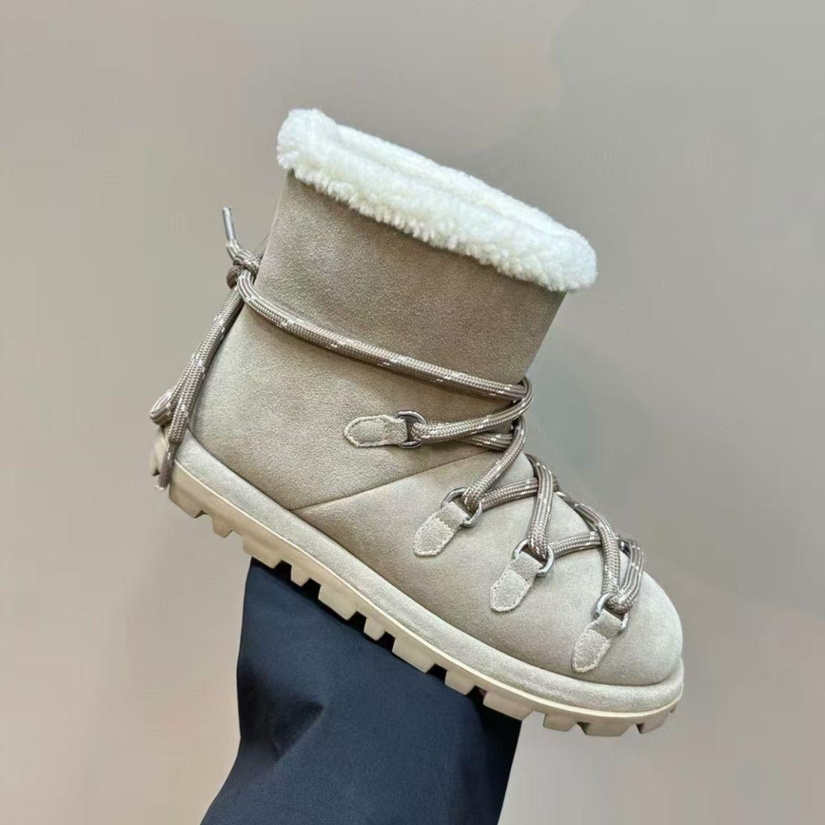 

Женские зимние теплые меховые сноубутсы большого размера на толстой подошве, утепленные подкладкой ботильоны, нескользящие спортивные хлопковые ботинки для походов 35 бежевый