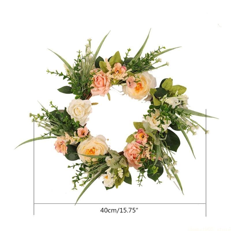 QX2E 15.7" Artificial Rose Wreath Front Door Decorations 40cm Wreath with Hydrangea & Green Leaves Wreath for Wall Decor