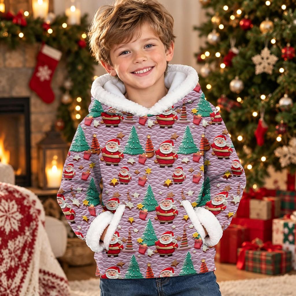 Kids Long Sleeve Christmas Print Casual Fashion Hooded Top