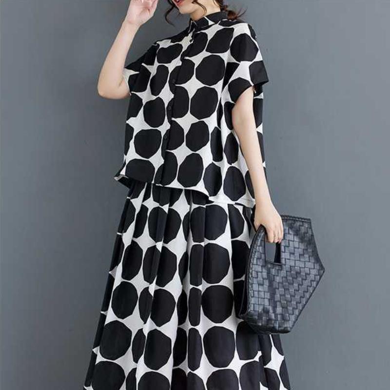 Polka Dot Print Summer Casual Two Piece Set Short Sleeve Loose Blouse Women Shirt Top Fashion Clothing Long Skirts Suit 2025